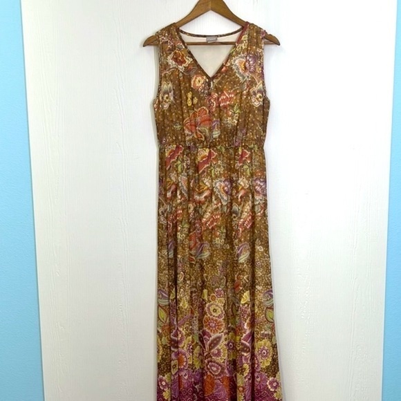 Chicos - Colorful Floral Tan V Neck Sleeveless Lined Maxi Dress Size 6 - Picture 8 of 14